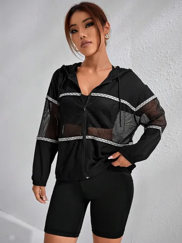 Vista 2 de Floerns Chaqueta deportiva con capucha y cordón de manga larga de malla en contraste para mujer