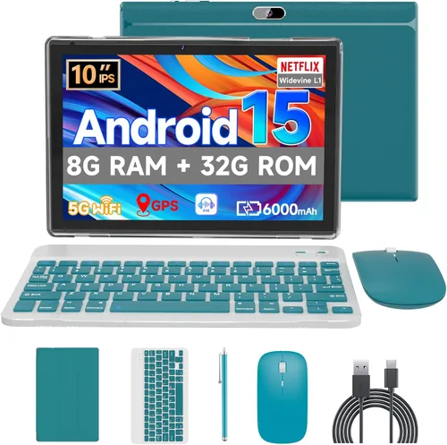 Vista 9 de Tablet Android 15, tabletas de 10 pulgadas, tabletas 2 en 1 con funda de Negro con azul