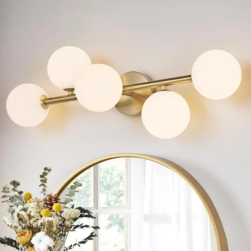 Vista 13 de Luz LED negra para tocador de baño: 5 luces de vidrio martillado colorido globo de luz - Luces de pared únicas de mediados de siglo modernas