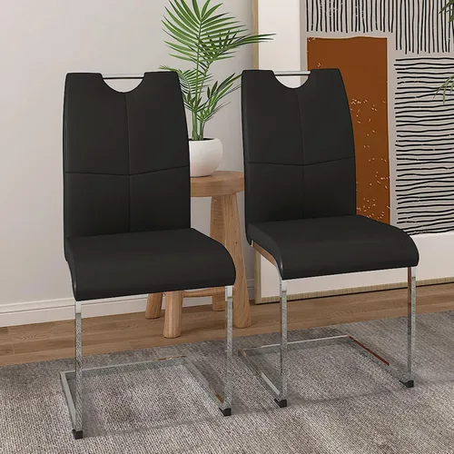 Vista 15 de Juego de 2 sillas de comedor, modernas sillas de comedor de piel sintética con respaldo alto, patas de metal, sillas tapizadas modernas para cocina