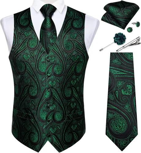 Vista 34 de DiBanGu Juego de chaleco y corbata para hombre, chaleco formal de cachemira y corbata con bolsillo cuadrado y gemelos, de seda, para traje o Verde
