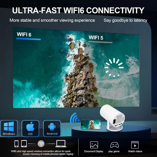 Vista 5 de Mini proyector con WiFi y Bluetooth, HY300 pro proyector 4K decodificación de video, sistema Android, Keystone automático, proyector de video