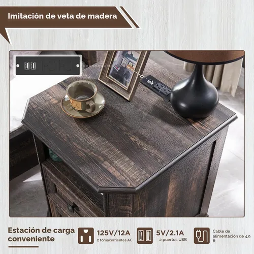 Vista 5 de T4TREAM - Mesa de noche rústica con estación de carga, mesa auxiliar de madera de 18 pulgadas con 2 cajones, para dormitorio y sala de estar