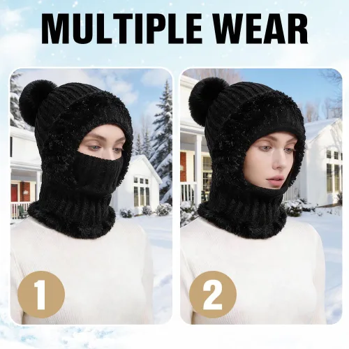 Vista 2 de Gorro 3 en 1 para mujer, pasamontañas de invierno con máscara facial, gorro de punto con forro polar con pompones, máscara de esquí resistente al