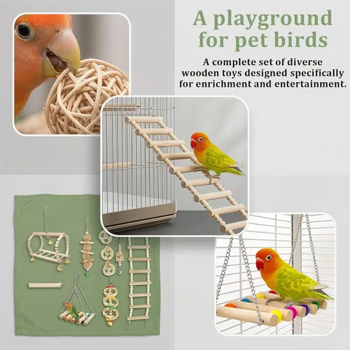 Vista 4 de Juego de juguetes de loros para pájaros, 8 unidades, madera natural, hamaca de perca con campana, accesorios de jaula para pájaros para periquitos