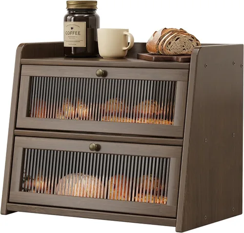 Vista 10 de Panera de bambú grande de doble capa para encimera de cocina, contenedor de almacenamiento de pan de gran capacidad de madera con soporte para pan