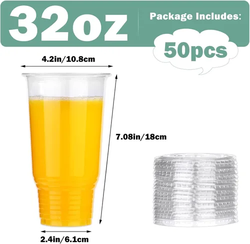 Vista 2 de Vasos de plástico transparente de 32 onzas con tapas, tazas de café helado desechables con tapas, taza de plástico PET transparente para café