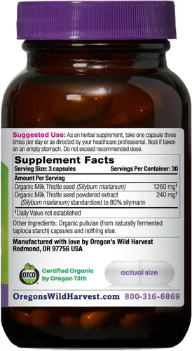 Vista 2 de Oregon's Wild Harvest, Cápsulas de cardo mariano orgánico certificadas, 80% silimarina, 1500 mg, 90