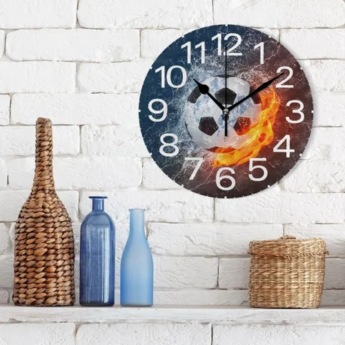 Vista 3 de Kigai Reloj de pared de balón de fútbol en fuego y agua, silencioso sin tictac, 10 pulgadas, funciona con pilas, relojes de pared redondos
