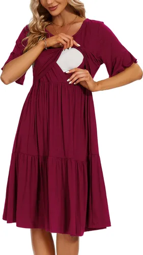 Vista 12 de Smallshow Vestido para maternidad y lactancia con volantes, manga corta, para mujer Verde militar