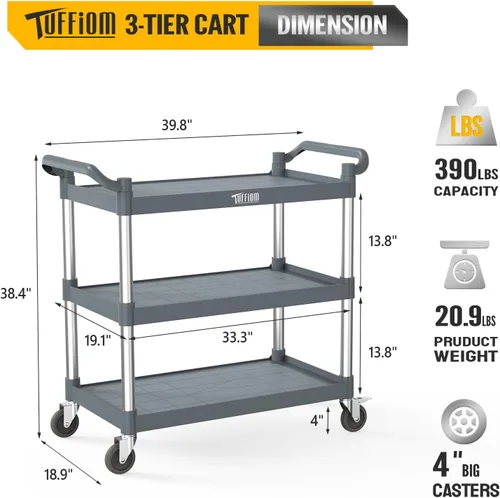Vista 15 de TUFFIOM Carrito de servicio de plástico de 3 niveles con ruedas, resistente capacidad de 390 libras, rodante comercial, ideal para restaurantes