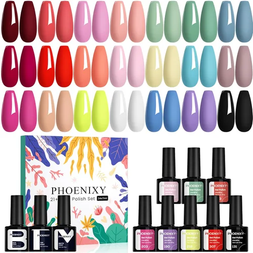 Vista 9 de phoenixy Juego de 24 esmaltes de uñas en gel, kit de uñas en gel removible de 21 colores, nude rosa rojo azul verde amarillo naranja, juego