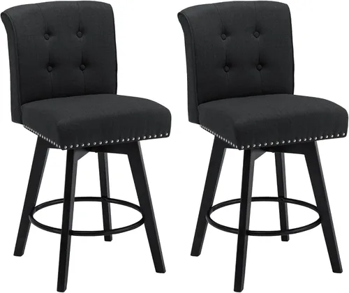 Vista 15 de Juego de 2 taburetes de bar giratorios de 360° con botón acolchonados, taburetes de bar tapizados de 26 pulgadas con patas de madera maciza