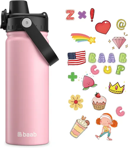Vista 14 de baab Botella de Agua para Niños de 18 oz, Botella de Agua Aislada para Niños con Tapa de Boquilla Bloqueable y Calcomanías, Taza de Agua para Niños