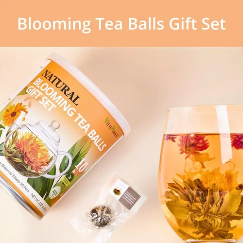Vista 2 de Juego de regalo de té floreciente, 10 variedades únicas de bolas de té floreciente, VitalForest Envase individual hecho a mano de té verde