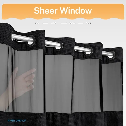 Vista 2 de Cortina de baño River Dream de gran peso sin ganchos necesarios con diseño de gofre punteado y forro a presión - 36W x 74H, de calidad hotelera
