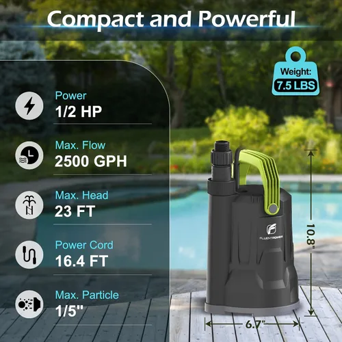 Vista 3 de FLUENTPOWER Bomba de sumidero, bomba de agua sumergible de 1/2 HP, bomba utilitaria de 2500 GPH de control manual para piscina, jardín, estanque