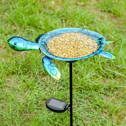 Vista 7 de MUMTOP Baño solar para pájaros al aire libre, pequeño comedero para pájaros con estaca de metal de tortuga para decoración exterior de jardín y patio