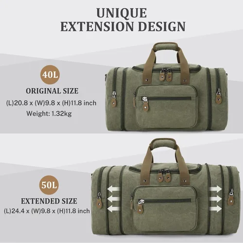 Vista 5 de Gonex Canvas Duffle Bag, Expandable 50L Travel Overnight Weekender Bag Verde militar