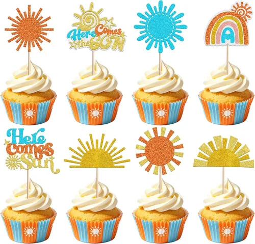 Vista 10 de 36 piezas de decoración para cupcakes de sol de doble cara con diseño de flores y sonrisas, decoración de cupcakes SunShine para temática de sol