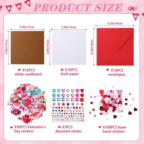 Vista 2 de Zonon Paquete de 32 manualidades de San Valentín, kits de San Valentín, tarjeta de San Valentín con sobres, calcomanías de espuma de corazón