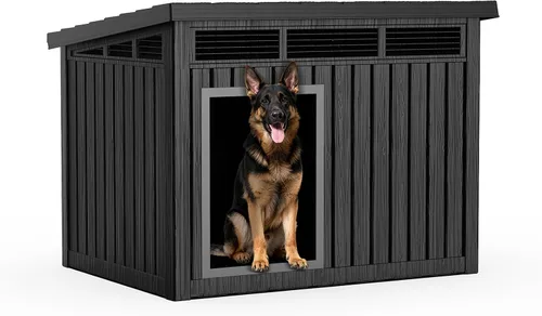 Vista 8 de PatioZen Casa para perros para interiores y exteriores, casa duradera con casa para mascotas resistente a la intemperie para perros pequeños Negro