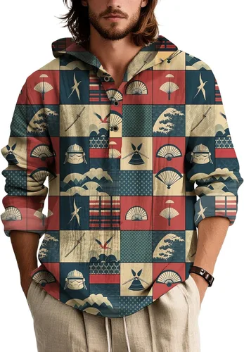Vista 9 de Sudadera con capucha para hombre, de gran tamaño, elegante, vintage, con botones, casual, de manga larga, sudadera con capucha