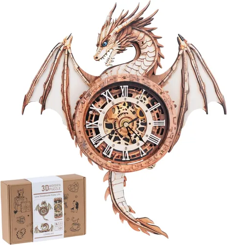Vista 16 de Rompecabezas de madera 3D para adultos, rompecabezas 3D reloj bulldog (con péndulo) 32 piezas, rompecabezas de madera para principiantes