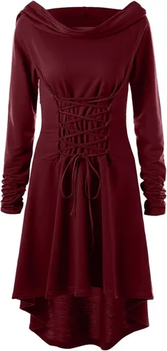 Vista 4 de Xdegoge Disfraz renacentista con capucha para mujer, para Halloween, steampunk, ropa gótica, vestido con capucha medieval