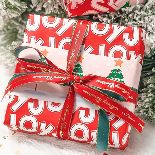 Vista 7 de WRAPAHOLIC - Papel de regalo de Navidad reversible, minirollo, 17 pulgadas x 33 pies, diseño de árbol de Navidad con letras “joy”, perfecto