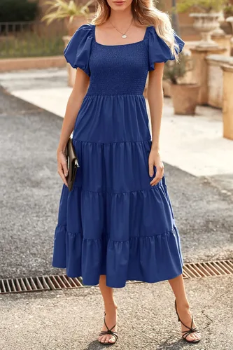 Vista 7 de CFLONGE Vestido de playa para mujer, estilo bohemio, casual, de verano, 2023, cuello cuadrado, manga abombada, cintura alta, volantes, acampanado