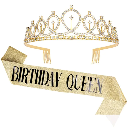 Vista 12 de CAVETEE - Juego de corona y banda de reina de cumpleaños para mujer, banda y tiara de diamantes de imitación, decoraciones de cumpleaños negras Negro