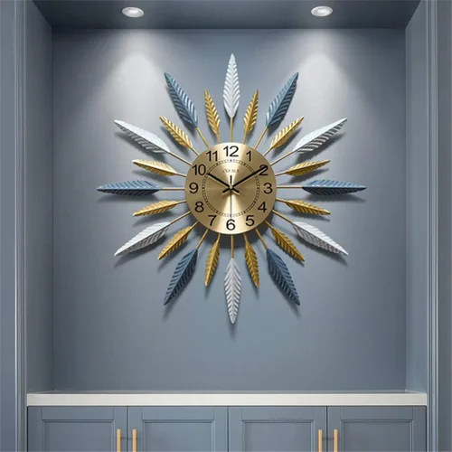 Vista 5 de Clock Large,Retro Geometric Feather Design Mute Golden Clock,Modern Polychromatic Vintage Metal for Home Kitchen,Blue White,58.5cm Art Home Dec