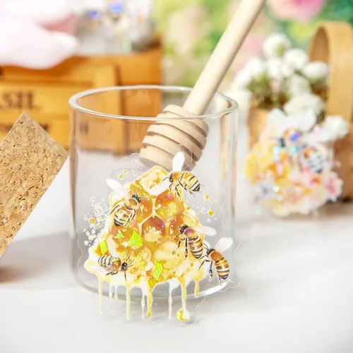 Vista 6 de 60 piezas de calcomanías holográficas de abejas de jardín para niñas estéticas – Calcomanías transparentes de abejas, florales, de panal