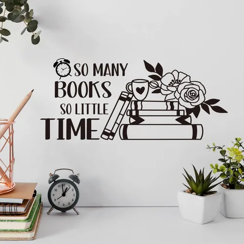 Vista 3 de Calcomanía de vinilo con texto en inglés «So Many Books So Little Time» para pared de lectura, citas, decoración para sala