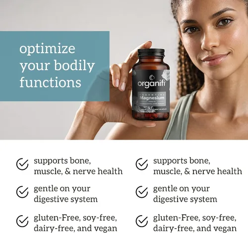 Vista 4 de Organifi Suplemento esencial de glicinato de magnesio para apoyo óseo y salud muscular, 150 mg, 60 cápsulas veganas