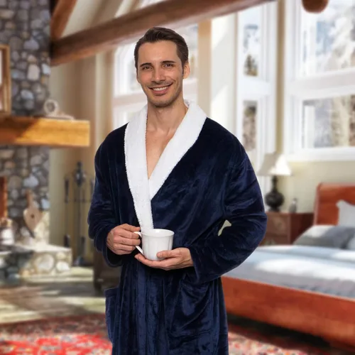 Vista 2 de Ross Michaels Bata de baño para hombre, con forro de sherpa y cuello de chal