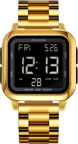 Vista 17 de Reloj digital zolohoni para hombre, relojes de acero inoxidable cuadrados, relojes de pulsera para hombre impermeables de cara grande con hora dual