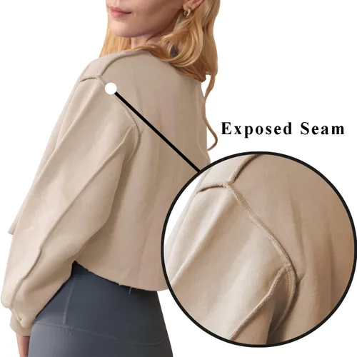 Vista 6 de Amazhiyu Sudadera Corta para Mujer de Manga Larga con Forro Polar Albaricoque