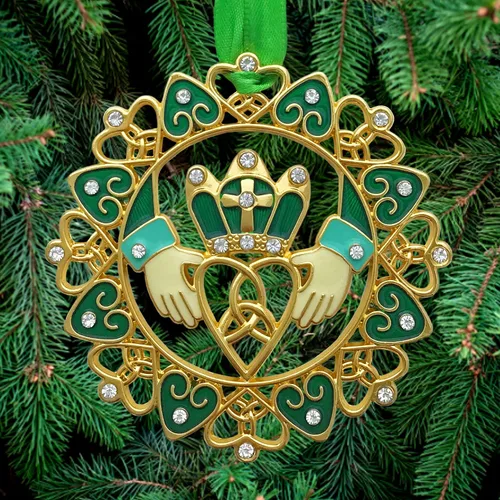 Vista 5 de Adornos de Navidad irlandeses – Diseño Claddagh dorado con joyas y esmalte – Caja de regalo con poema irlandés – Bolsa de almacenamiento de regalo