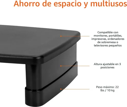 Vista 3 de Amazon Basics Soporte elevador de escritorio rectangular de altura ajustable para monitor de computadora con almacenamiento para reducir la tensión