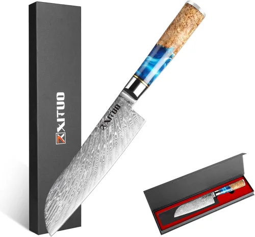 Vista 12 de XITUO VG10 Juego de cuchillos de chef japoneses de acero Damasco de 4 piezas, resina azul y mango de madera, cuchillo de chef de 8 pulgadas