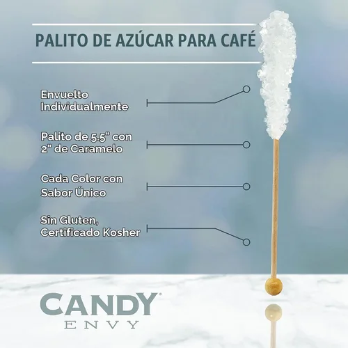 Vista 5 de Candy Envy - Barritas de azúcar Amber Café Mini Rock Candy - 18 golosinas de ámbar envueltas individualmente - Agitadores de café originales