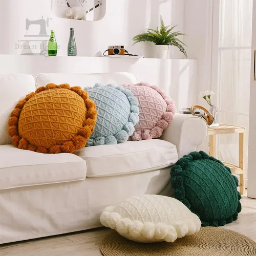 Vista 2 de vctops Lindos pompones de punto almohadas con inserto geométrico, cojín redondo suave para sofá cama (azul, diámetro de 20 pulgadas)