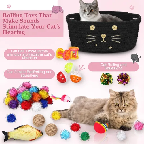 Vista 3 de Zopeal - Juego de 58 cestas de almacenamiento para gatos de verano, juguetes de regalo, bolas intermitentes coloridas para mascotas, bolas Negro
