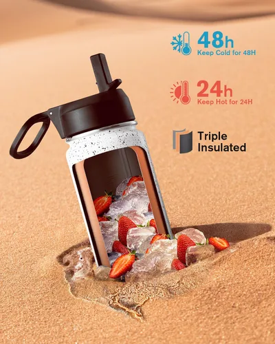 Vista 2 de Coolflask Botella de agua de 20 onzas aislada con pajilla, 3 tapas de metal de acero inoxidable, botella de agua de boca ancha para deportes u