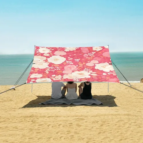 Vista 5 de Pink White Carnation Flowers Beach Canopy UPF50+ Protection Waterproof Large Sun Shade Includes Sand Shovel, Sandbags, Stability Poles for Camping