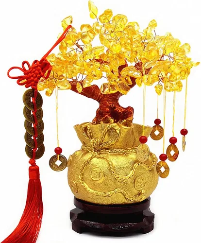 Vista 7 de Colorsheng Árbol de cristal de cuarzo amarillo Feng Shui, árbol de dinero estilo bonsái, decoración para suerte y riqueza (macetas de dragón)
