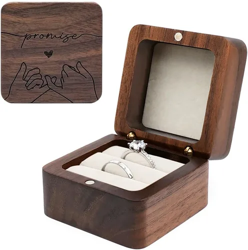 Vista 8 de Caja de madera para anillos grabada, caja de almacenamiento de joyas cuadrada rústica, caja de anillo vintage para ceremonia de boda, compromiso