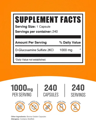 Vista 2 de BulkSupplements. com Cápsulas de sulfato de glucosamina - Suplemento de glucosamina, para apoyo articular - Sulfato de glucosamina 1000 mg, sin